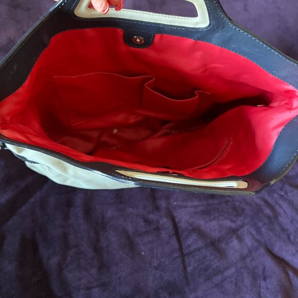 Coach M0873-13380 Ecru Leather Blue Double Handle Foldover Zipper Gusset Bag - Picture 7 of 10